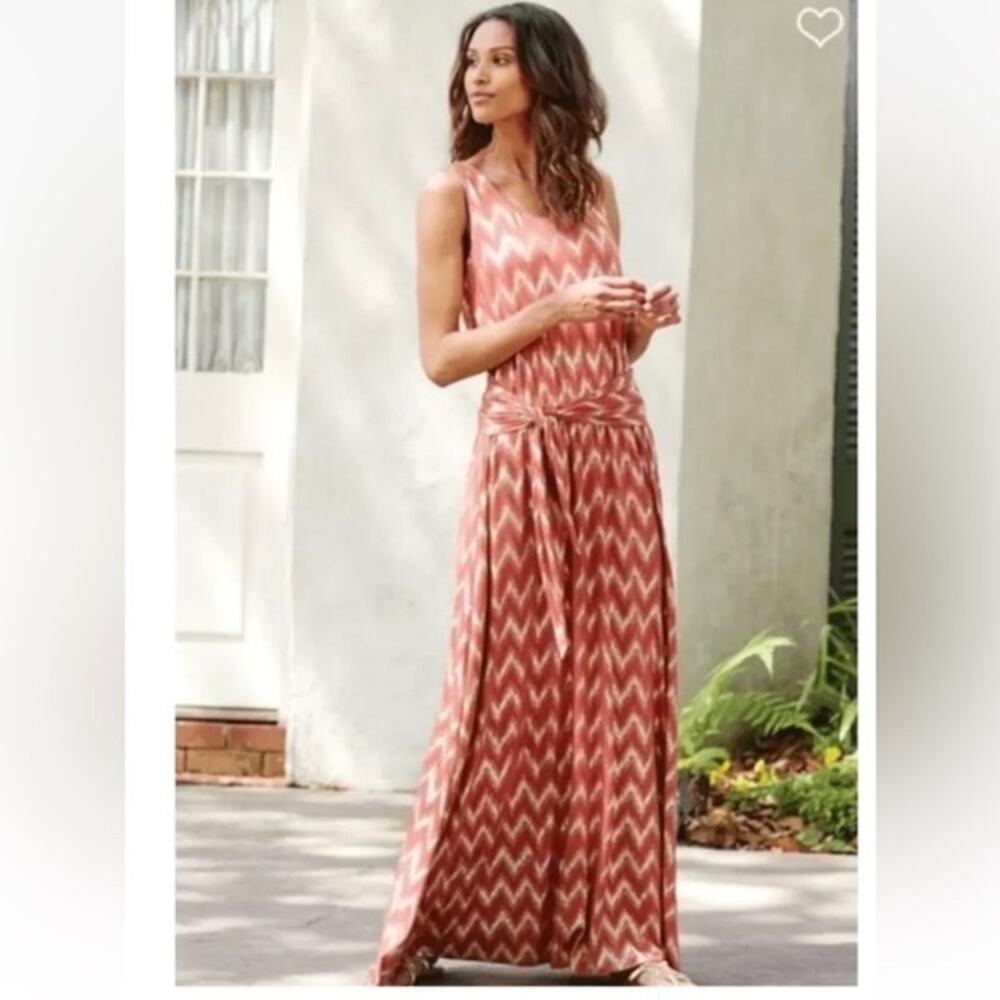Soft Surroundings Burnt Orange Gold Foil Chevron Maxi Dress L | Boho Glam NWOT